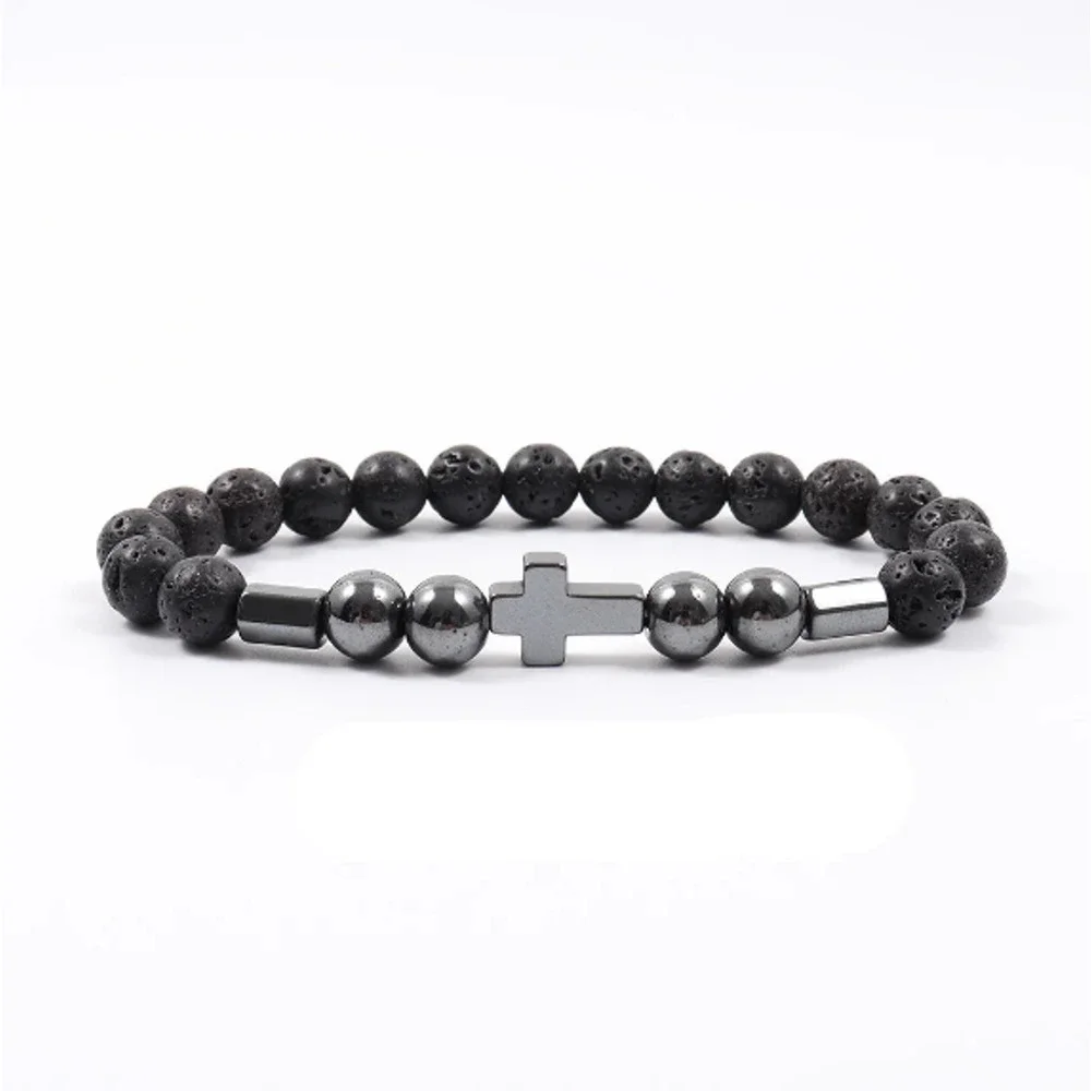 Men’s Black Lava Stone Cross Bracelet